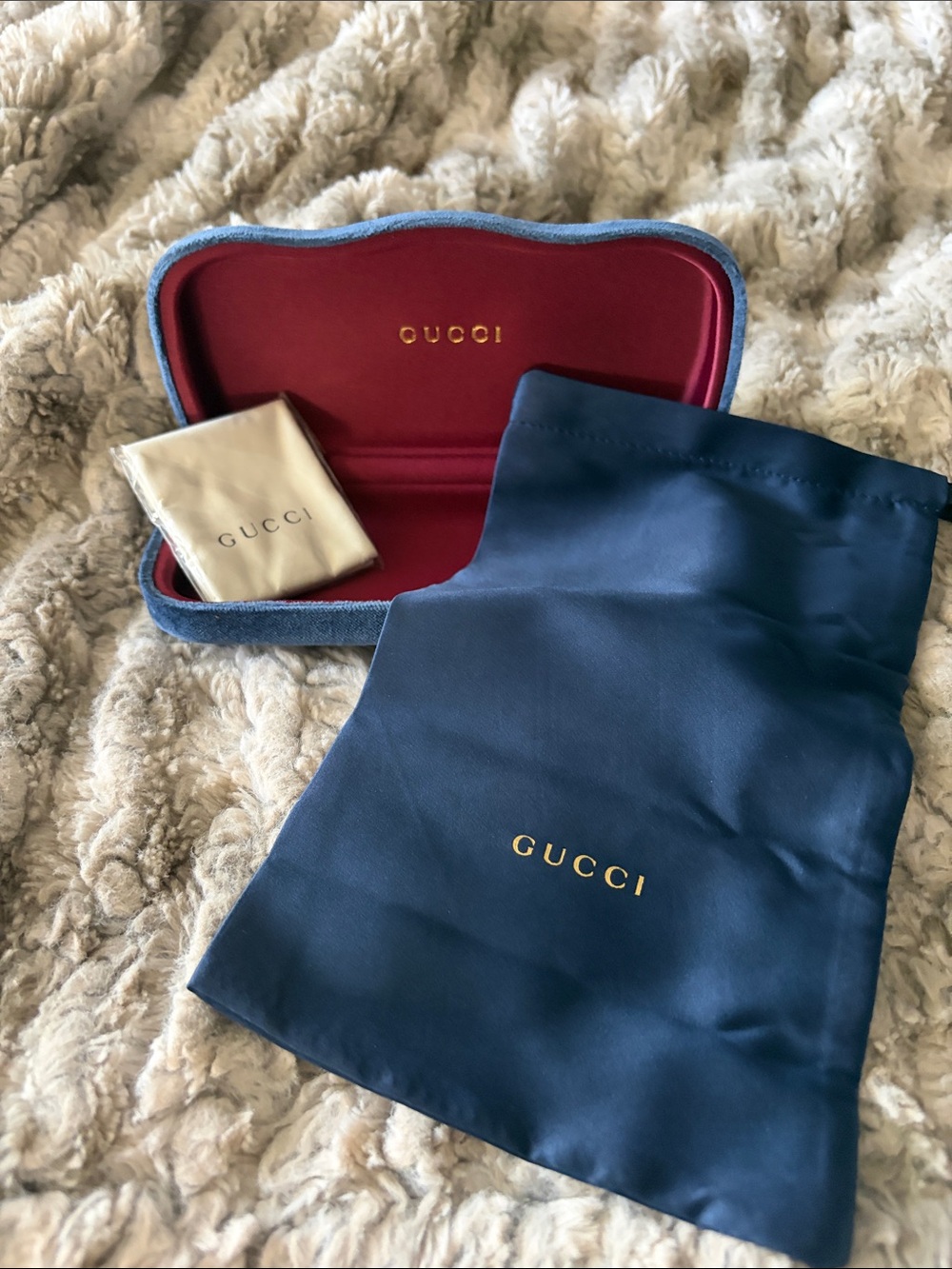 Gucci Blue Satin Dust Bag and Red Velvet Eyewear Case with Gold Logo